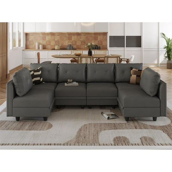 LLappuil Modular Sectional Sofa, Convertible 112" U Shaped Sectional Couch with Storage, Modular Sectional Sofa Couch for Living Room, Faux Leather Fabric Waterproof 6 Seat Sectional Sofa Gray