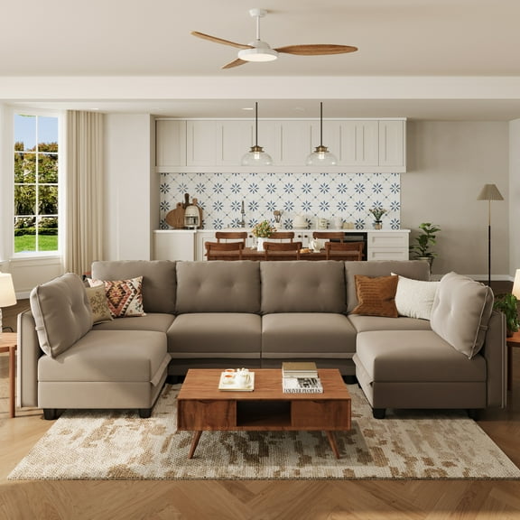 LLappuil Modular Sectional Sofa, Convertible 112" U Shaped Sectional Couch with Storage, Modular Sectional Sofa Couch for Living Room, Velvet 6 Seat Sectional Sofa Brown