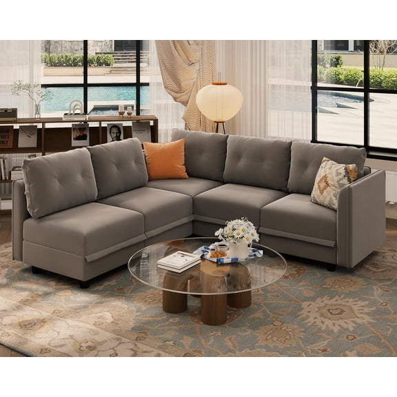 LLappuil Modular Sectional Sofa, Convertible 86" L-Shaped Sectional Couch with Storage, Velvet 5 Seat Modular Sectional Sofa Brown