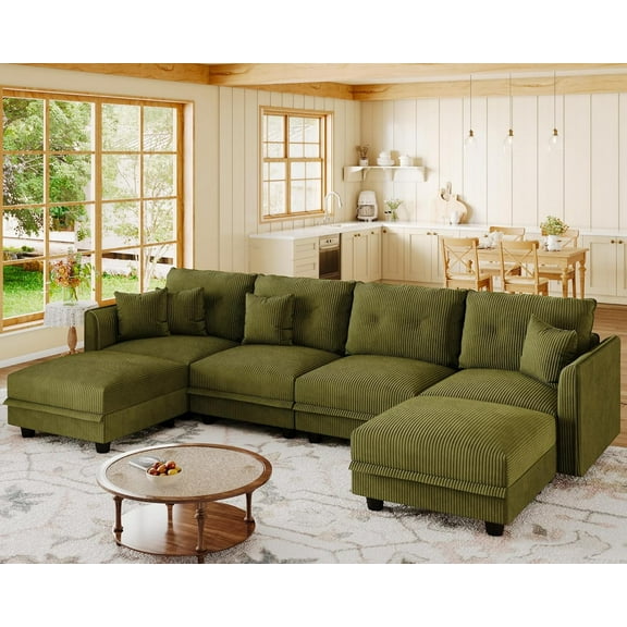 LLappuil Modular Sectional Sofa, Modular Sectional Couch with Storage, 6 Seat Corduroy Oversized Sofa with 4 Back Cushion 4 Throw Pillow Green