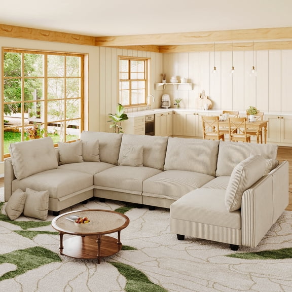 LLappuil Modular Sectional Sofa, Modular Sectional Couch with Storage, 6 Seat Corduroy Oversized Sofa with 6 Back Cushion 6 Throw Pillow Beige