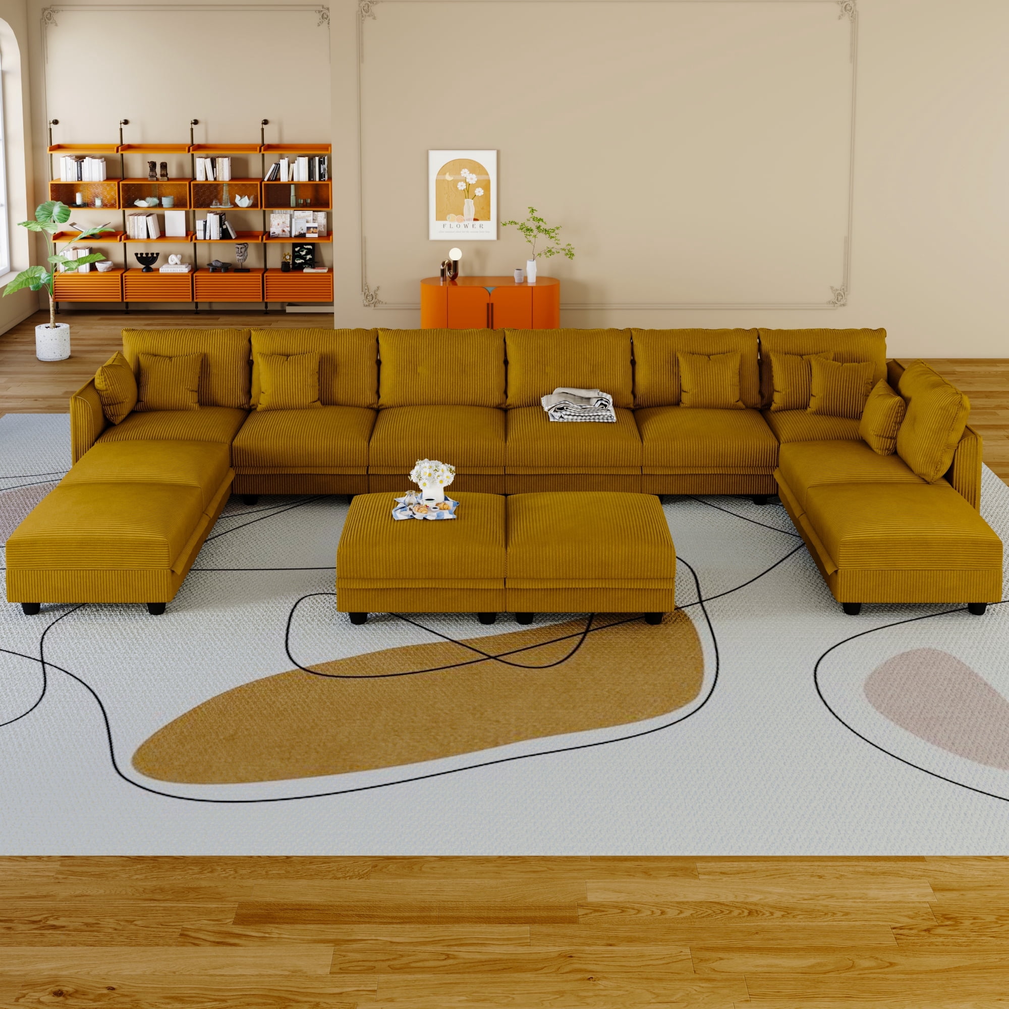LLappuil Modular Sectional Sofa, Modular Sectional Couch with Storage, 6 Seat Corduroy Oversized Sofa with 6 Back Cushion 6 Throw Pillow Green main image 1