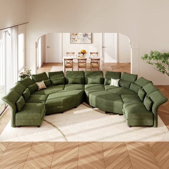 LLappuil Modular Sectional Sofa, Oversiezed Curved Sectional Couch with Storage & Hexagon Seat, Corduroy Sectional Sofa with Adjustable Arms & Backs for Living Room Green