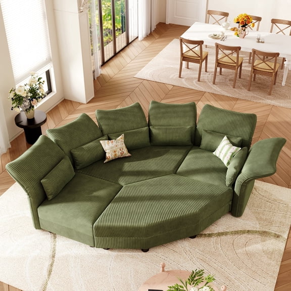 LLappuil Modular Sectional Sofa, Oversiezed Curved Sectional Couch with Storage & Hexagon Seat, Corduroy Sectional Sofa with Adjustable Arms & Backs for Living Room Green