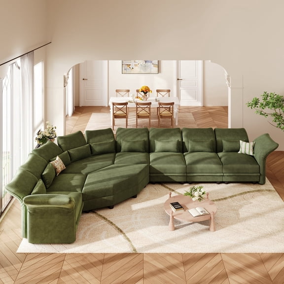 LLappuil Modular Sectional Sofa, Oversiezed Curved Sectional Couch with Storage & Hexagon Seat, Corduroy Sectional Sofa with Adjustable Arms & Backs for Living Room Green