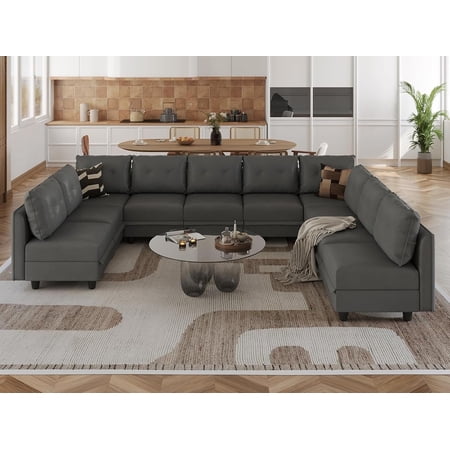 LLappuil Oversize Modular Sectional Sofa, 163" U-Shaped Sectional Couch with Storage, Modular Sectional Sofa Couch with Reversible Chaise, Faux Leather Fabric Waterproof 10 Seat Sectional Sofa Gray