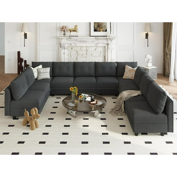 LLappuil Oversize Modular Sectional Sofa, 163" U-Shaped Sectional Couch with Storage, Modular Sectional Sofa Couch with Reversible Chaise, Velvet 10 Seat Sectional Sofa Dark Gray