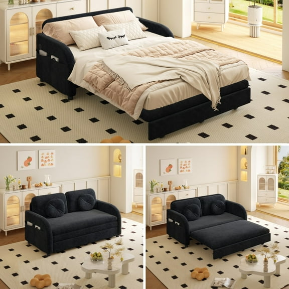 LLappuil Pull Out Sofa Bed Full Size, Loveseat Sofa Covertible Sofa Bed, Chenille Sofa Couch with USB Port, Side Pocket for Living Room Black