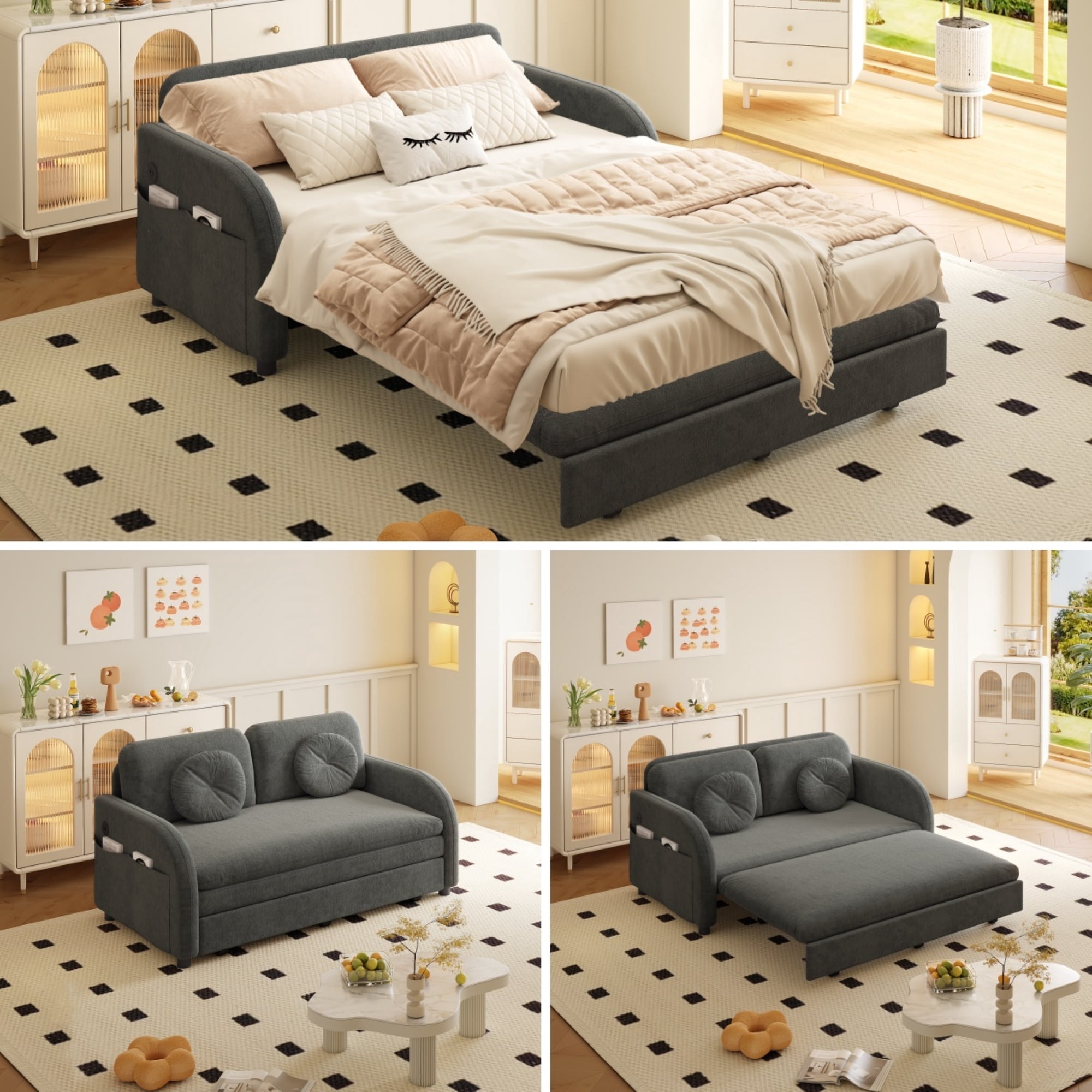 LLappuil Pull Out Sofa Bed Full Size, Loveseat Sofa Covertible Sofa Bed, Chenille Sofa Couch with USB Port, Side Pocket for Living Room Gray
