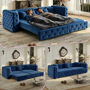 LLappuil Pull Out Sofa Bed King Size, 89" Chesterfield Sofa Couch Convertible Sofa Bed, Velvet Loveseat Sofa with Tufted Design for Living Room Blue