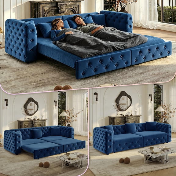 LLappuil Pull Out Sofa Bed King Size, 89" Chesterfield Sofa Couch Convertible Sofa Bed, Velvet Loveseat Sofa with Tufted Design for Living Room Blue