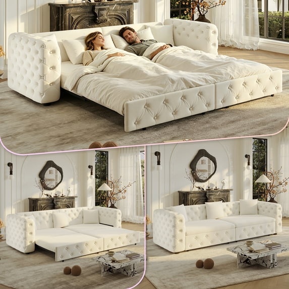 LLappuil Pull Out Sofa Bed King Size, 89" Chesterfield Sofa Couch Convertible Sofa Bed, Velvet Loveseat Sofa with Tufted Design for Living Room White