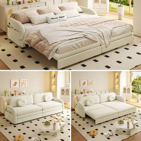 LLappuil Pull Out Sofa Bed King Size, Loveseat Sofa Covertible Sofa Bed, Chenille Sofa Couch with USB Port, Side Pocket for Living Room Beige