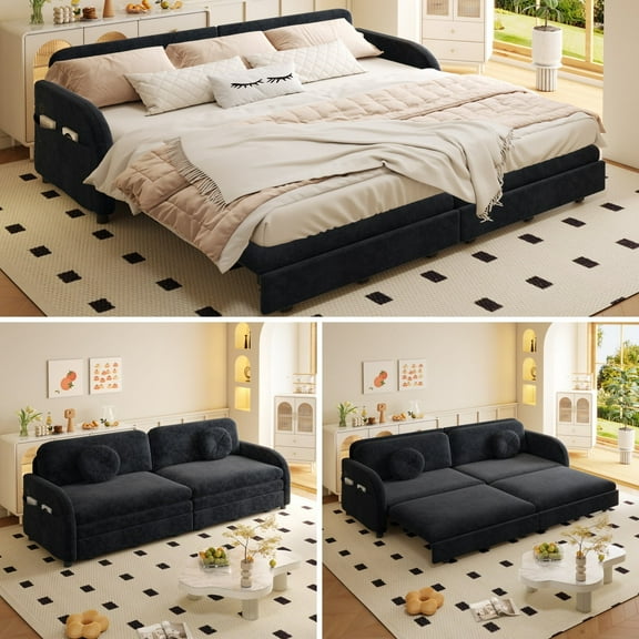 LLappuil Pull Out Sofa Bed King Size, Loveseat Sofa Covertible Sofa Bed, Chenille Sofa Couch with USB Port, Side Pocket for Living Room Black