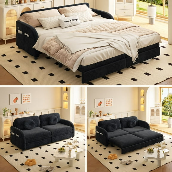 LLappuil Pull Out Sofa Bed Queen Size, Loveseat Sofa Covertible Sofa Bed, Chenille Sofa Couch with USB Port, Side Pocket for Living Room Black