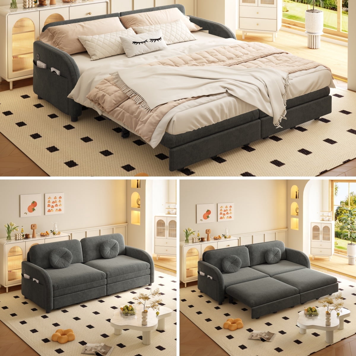 LLappuil Pull Out Sofa Bed Queen Size, Loveseat Sofa Covertible Sofa Bed, Chenille Sofa Couch with USB Port, Side Pocket for Living Room Gray