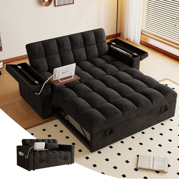 LLappuil Pull Out Sofa Bed Full Size, 65" Loveseat Sofa Convertible Sofa Bed, Velvet Sofa Couch with Small Toptable, Charging Port, Hidden Storage Armrest for Living Room Black