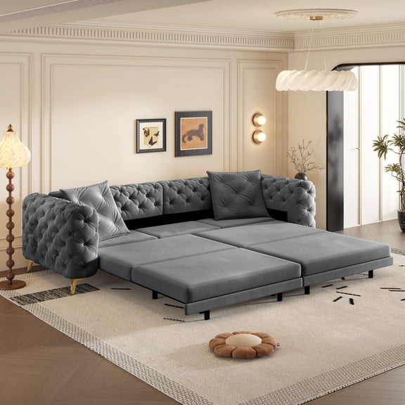 LLappuil Pull Out Sofa Bed King Size, 98" Tufted 3 Seat Sofa Convertible Sleeper Sofa Bed, Oversized 28" Deep Seat Velvet Sofa Couch for Living Room Dark Gray