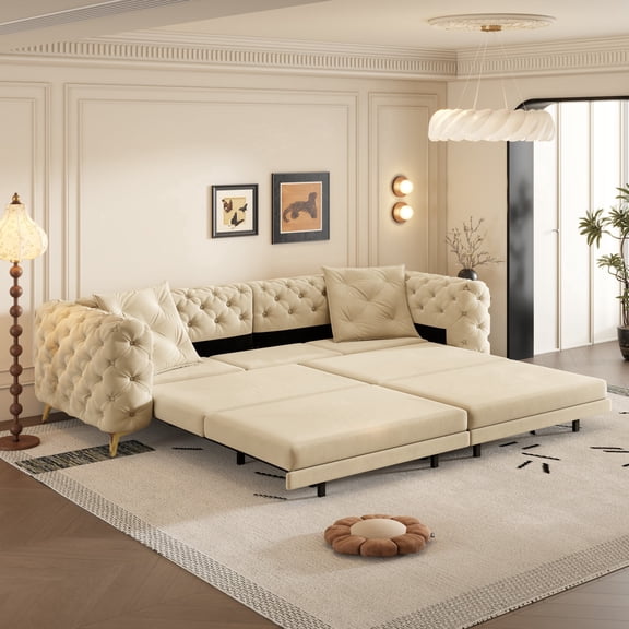LLappuil Pull Out Sofa Bed King Size, 98" Tufted 3 Seat Sofa Convertible Sleeper Sofa Bed, Oversized 28" Deep Seat Velvet Sofa Couch for Living Room Khaki