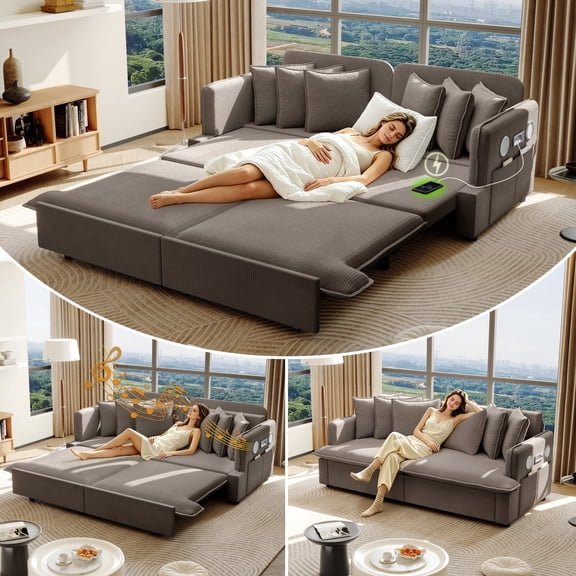 LLappuil Pull Out Sofa Bed Queen Size, 68" Loveseat Sofa with Bluetooth Speakers, USB Ports, Side Pockets, Corduroy Sofa Couch Convertible Sofa Bed for Living Room Brown
