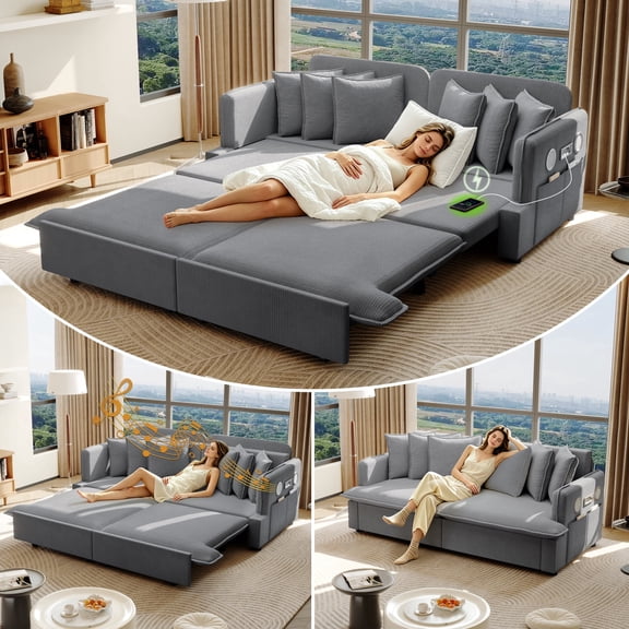 LLappuil Pull Out Sofa Bed Queen Size, 68" Loveseat Sofa with Bluetooth Speakers, USB Ports, Side Pockets, Corduroy Sofa Couch Convertible Sofa Bed for Living Room Gray