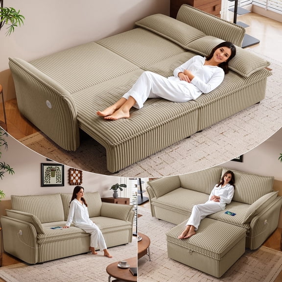LLappuil Pull Out Sofa Bed Queen Size, 85" Loveseat Sofa with Movable Ottoman, USB Charging Port, Corduroy Sofa Couch Convertible Sofa Bed for Living Room Camel
