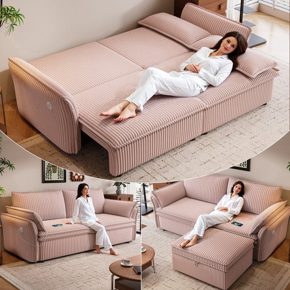 LLappuil Pull Out Sofa Bed Queen Size, 85" Loveseat Sofa with Movable Ottoman, USB Charging Port, Corduroy Sofa Couch Convertible Sofa Bed for Living Room Pink
