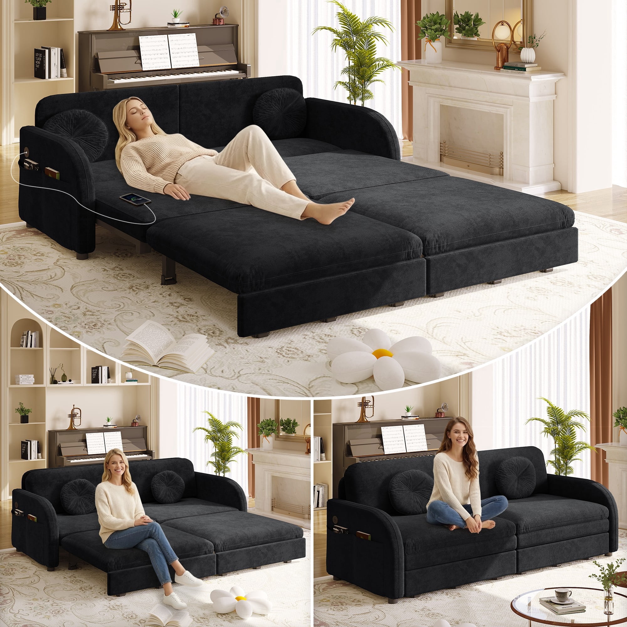 LLappuil Queen Size Pull Out Sofa Bed, Compact Loveseat Sofa Covertible Sofa Bed with USB Port, Side Pocket , Chenille Sofa Couch for Living Room Black