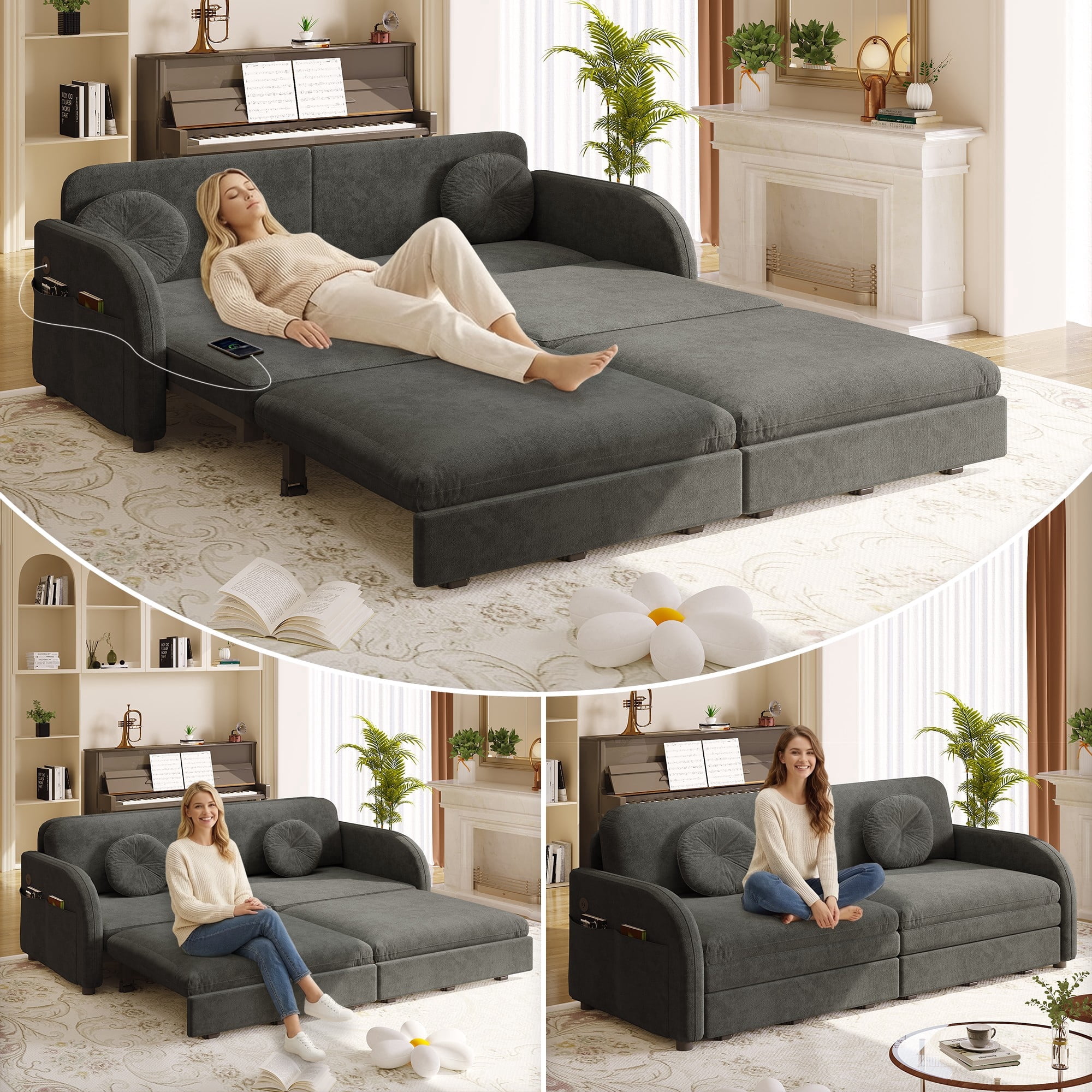 LLappuil Queen Size Pull Out Sofa Bed, Compact Loveseat Sofa Covertible Sofa Bed with USB Port, Side Pocket , Chenille Sofa Couch for Living Room Gray