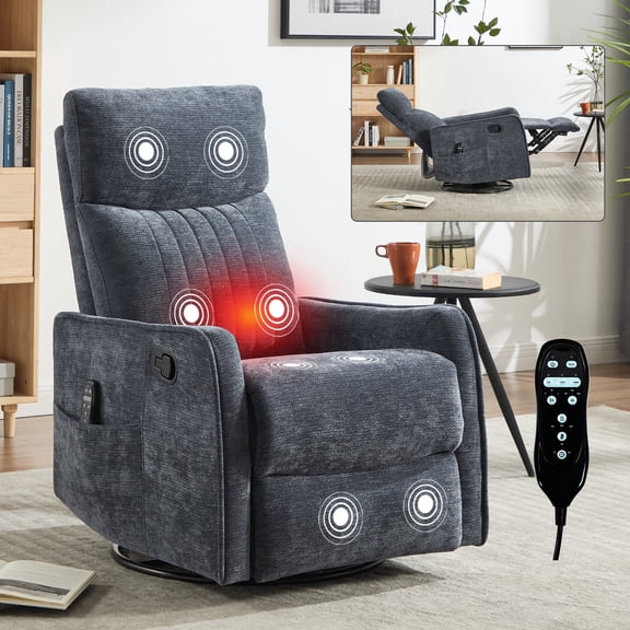 LLappuil Recliner Chair, 360° Swivel Massage Recliner Chair with Heat, Nursery Glider Rocker Recliner Chair for Living Room, Bedroom, Chenille Blue