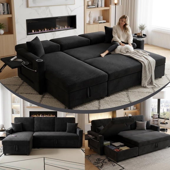 LLappuil Sectional Sofa, 84" Sectional Couch with Storage Chaise, Small Desktop, Cup Holders, Charging Port Convertible Sofa Bed, Corduroy Pull Out Sofa Bed for Living Room Black