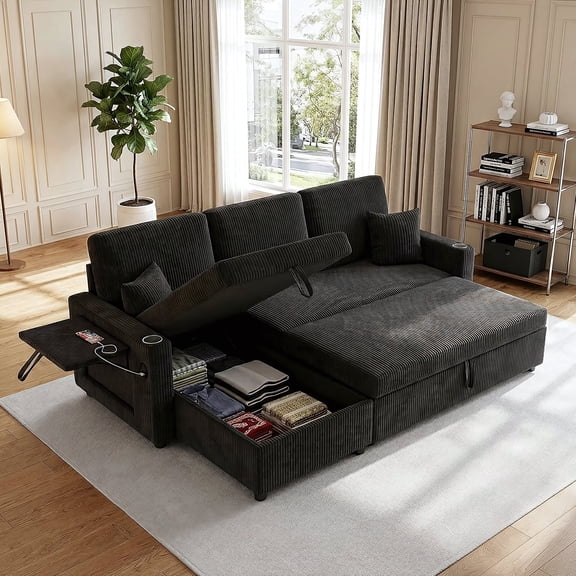 LLappuil Sectional Sofa, 84" Sectional Couch with Storage Chaise, Small Desktop, Cup Holders, Charging Port Convertible Sofa Bed, Corduroy Pull Out Sofa Bed for Living Room Black