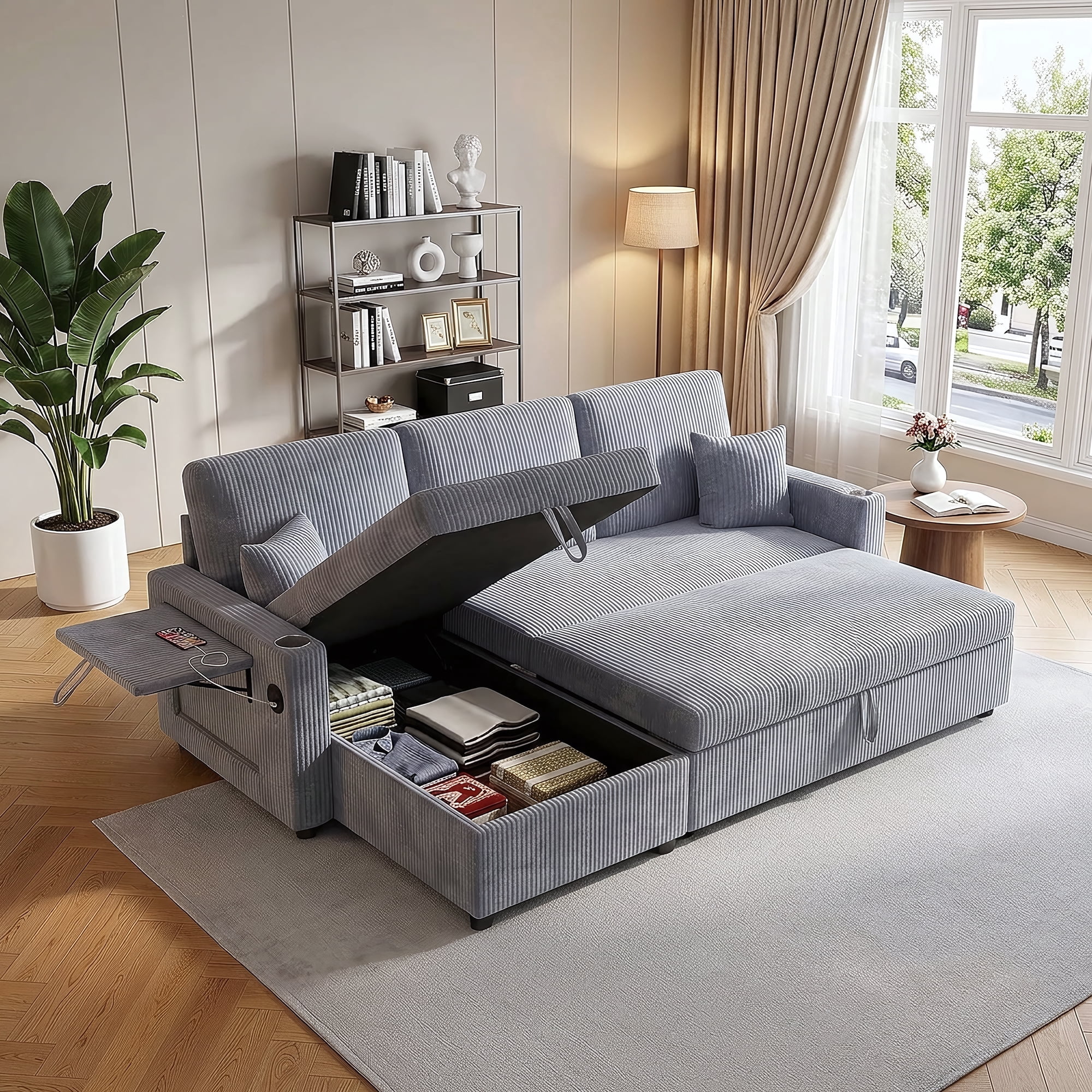 LLappuil Sectional Sofa, 84" Sectional Couch with Storage Chaise, Small Desktop, Cup Holders, Charging Port Convertible Sofa Bed, Corduroy Pull Out Sofa Bed for Living Room Gray