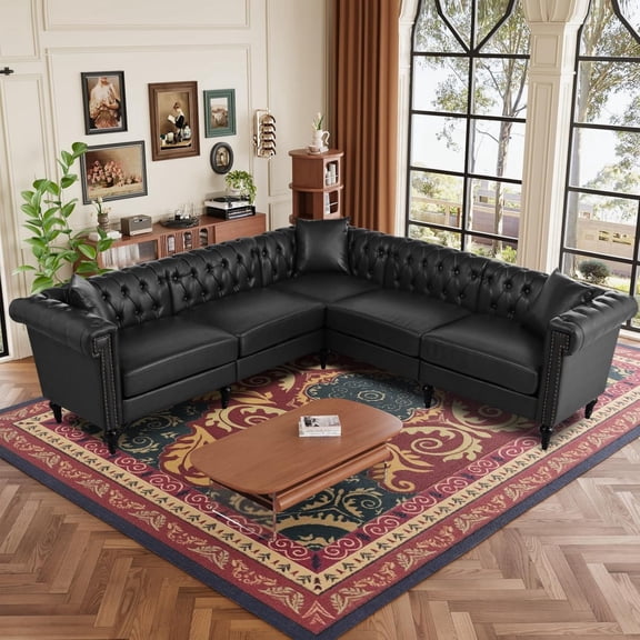LLappuil Sectional Sofa, 100" x 100" Chesterfield Sofa with Rolled Arms and Nailhead, 5 Seat Faux Leather Tufted Couch for Living Room Black