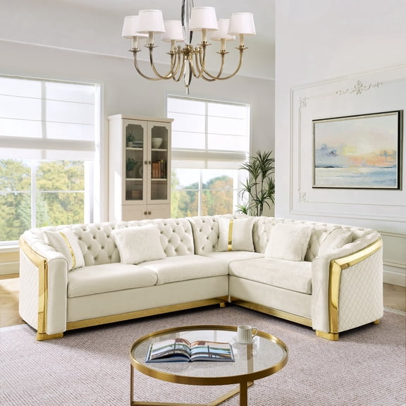 LLappuil Sectional Sofa, 106" Chesterfield Sofa with Curved Arm Button Tufted, Velvet Cloud Sofa Couch for Living Room Beige
