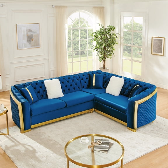 LLappuil Sectional Sofa, 106" Chesterfield Sofa with Curved Arm Button Tufted, Velvet Cloud Sofa Couch for Living Room Blue
