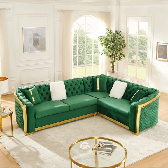LLappuil Sectional Sofa, 106" Chesterfield Sofa with Curved Arm Button Tufted, Velvet Cloud Sofa Couch for Living Room Green