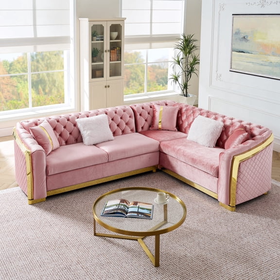 LLappuil Sectional Sofa, 106" Chesterfield Sofa with Curved Arm Button Tufted, Velvet Cloud Sofa Couch for Living Room Pink