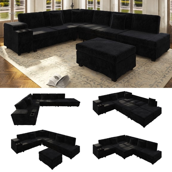 LLappuil Sectional Sofa, 110" Sectioanl Couch with Movable Ottoman Convertible Sofa Bed, 7 Seat Corduroy Sofa Couch with Hidden Armrest Storage & USB Charging Ports for Living Room Black