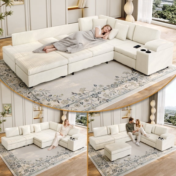 LLappuil Sectional Sofa, 110" Sectional Couch with Pull Out Sofa Bed, Corduroy Sofa Couch Convertible Sofa Bed with Hidden Armrest Storage, USB Charging Ports, Cup Holders Beige