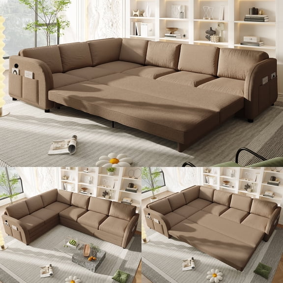 LLappuil Sectional Sofa, 115" Sectional Couch with Pull Out Sofa Bed King Size, 6 Seat Teddy Sofa Convertible Sofa Bed for Living Room Brown