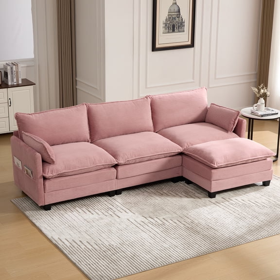 LLappuil Sectional Sofa, 4 Seat Corduroy Cloud Sofa Couch with Reversible Ottoman for Living Room Pink