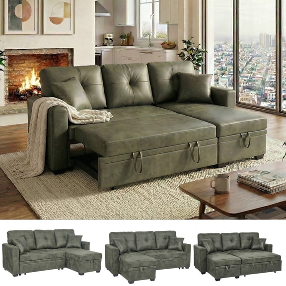LLappuil Sectional Sofa, 71" Sectional Couch Convertible Sofa Bed, Pull Out Sofa Bed Full Size with Storage Chaise for Living Room, Foil Fabric Green