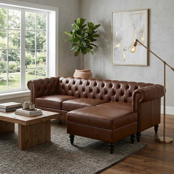 LLappuil Sectional Sofa, 85" Mid-Century Chesterfield Sofa with Storage Ottoman, Faux Leather 3 Seater Sofa for Living Room Brown
