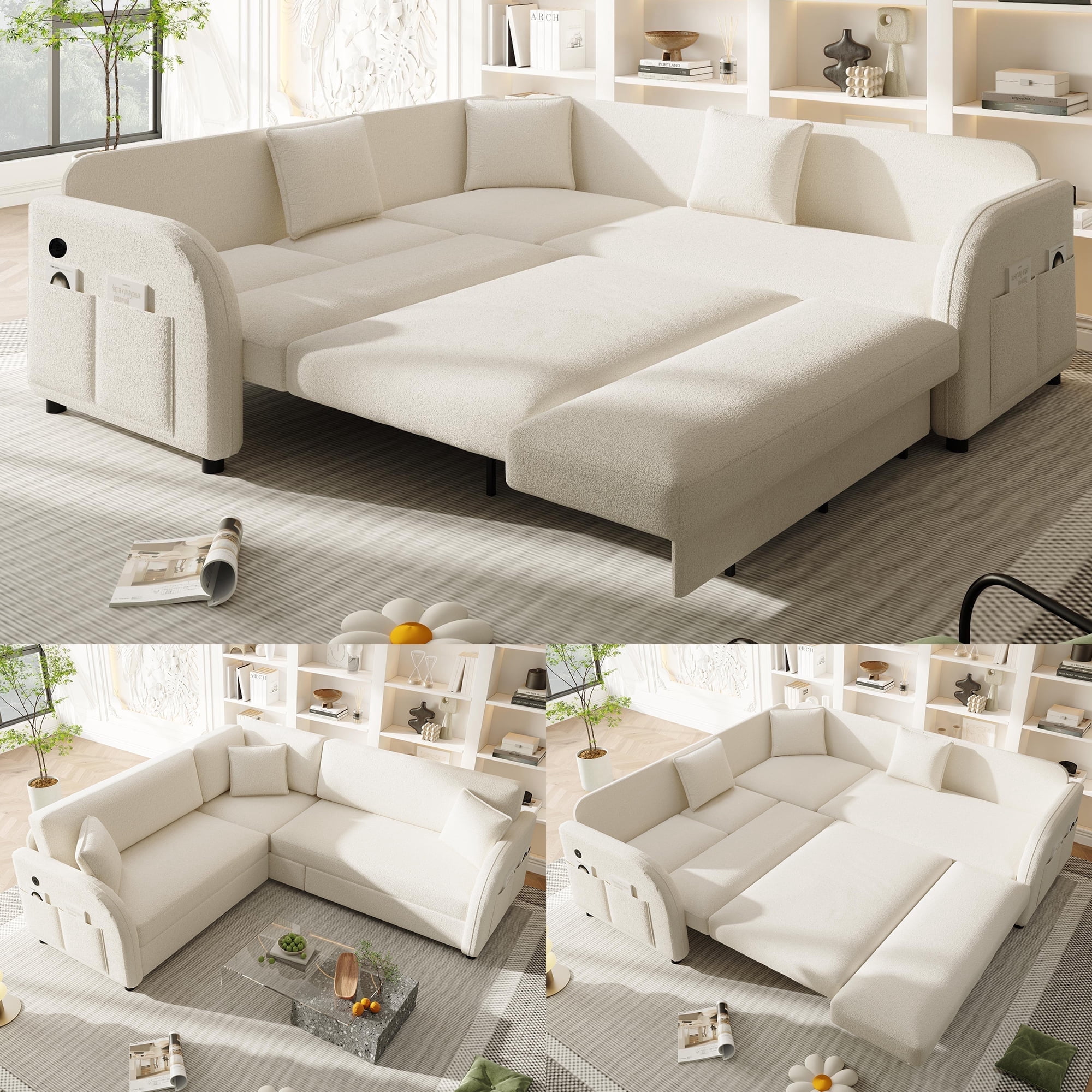 LLappuil Sectional Sofa, 85" Sectional Couch with Pull Out Sofa Bed King Size, 5 Seat Sofa Convertible Sofa Bed for Living Room Beige