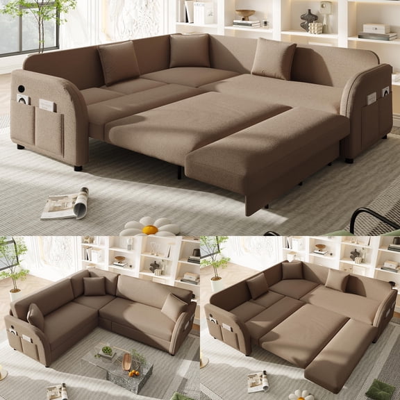 LLappuil Sectional Sofa, 85" Sectional Couch with Pull Out Sofa Bed King Size, 5 Seat Teddy Sofa Convertible Sofa Bed for Living Room Brown