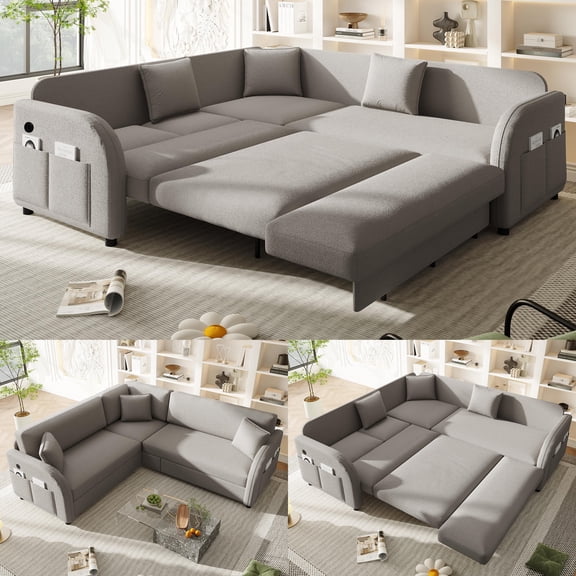 LLappuil Sectional Sofa, 85" Sectional Couch with Pull Out Sofa Bed King Size, 5 Seat Teddy Sofa Convertible Sofa Bed for Living Room Light Gray