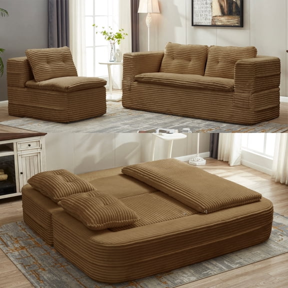 LLappuil Sectional Sofa Bed, Futon Convertible Sofa Bed King Size, Plush Corduroy Loveseat Sofa Couch for Living Room Camel