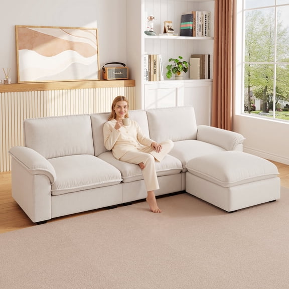 LLappuil Sectional Sofa, Cloud Sectional Couch with Movable Ottoman, 4 Seat Chenille Sofa Couch for Living Room Beige