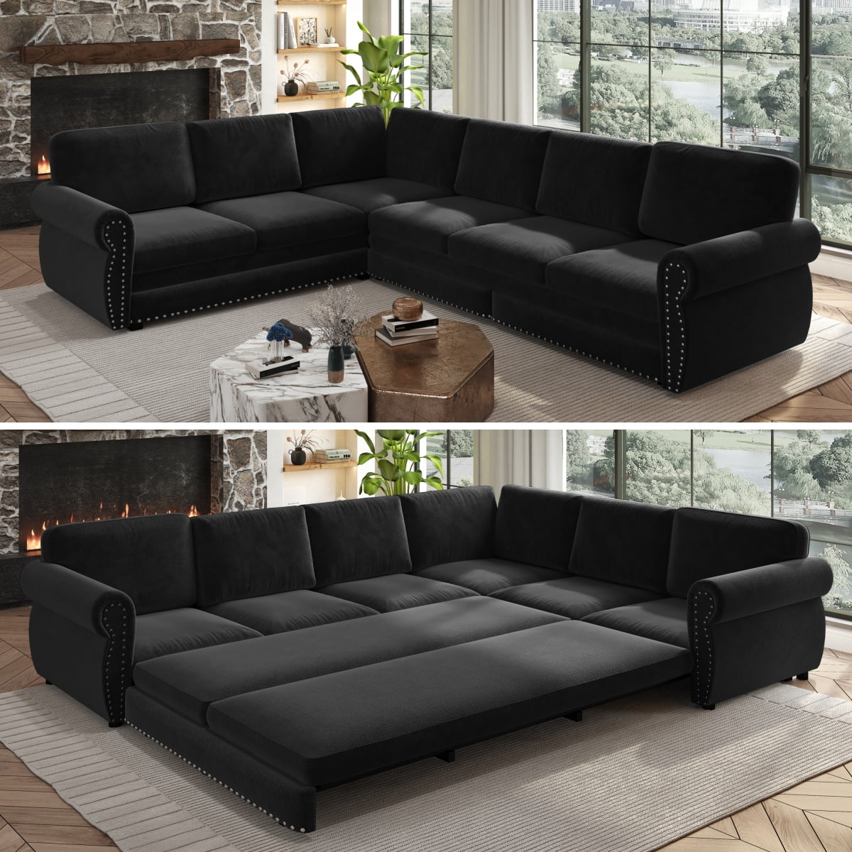 LLappuil Sectional Sofa Couch, Oversized Chenille Sofa with Pull Out Sofa Bed for Living Room Black